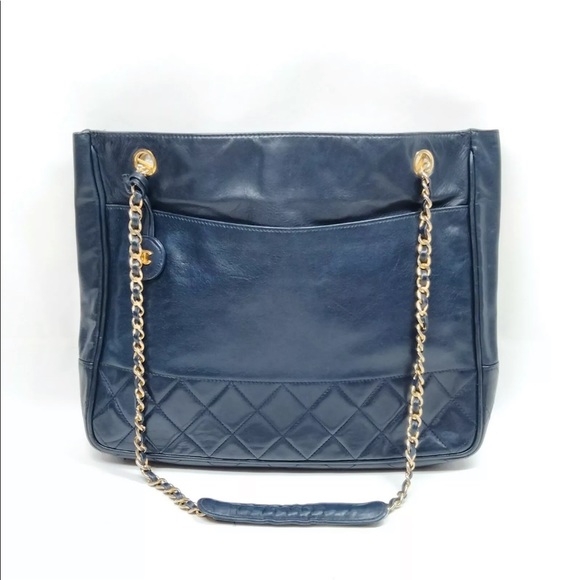 Chanel Navy Blue Lambskin Quilted Gold Chain Tote Bag - Picture 1 of 10